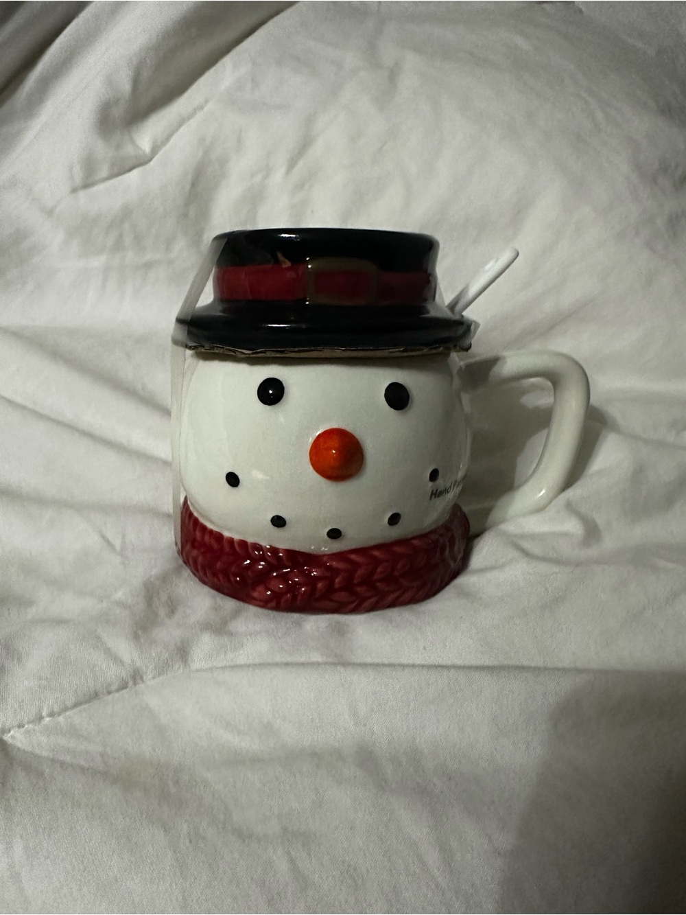 Snowman Ceramic Holiday Mug with Red Scarf and Black Hat